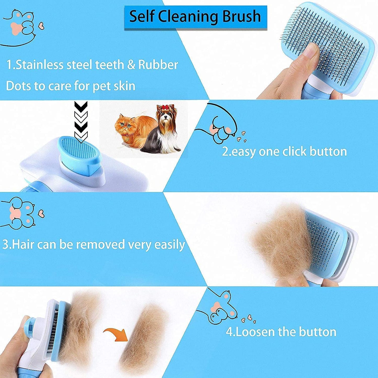 Self-Cleaning Slicker Brush for Dogs and Cats, Suitable for Long and Short Hair, Blue