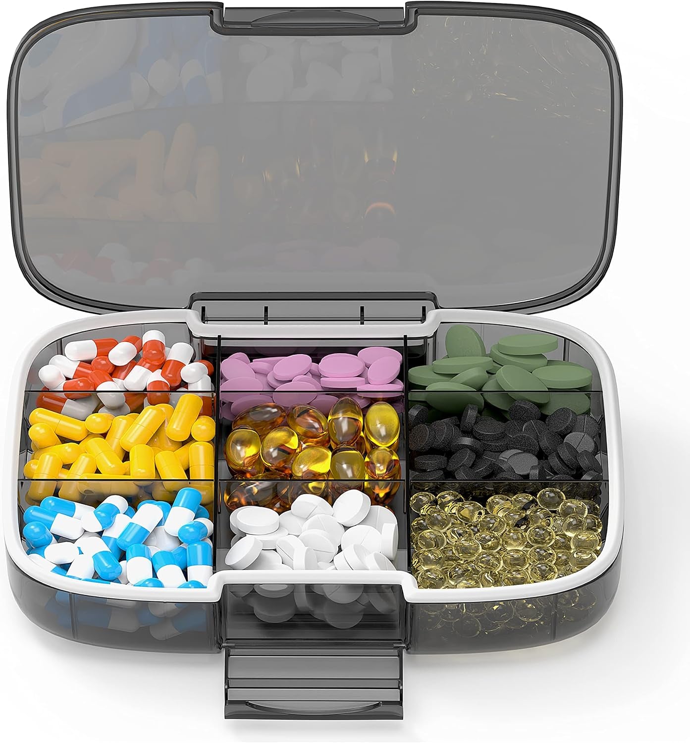 Airtight Travel Pill Organizer - Portable Medication Case with Labels and 8 Compartments - Large Capacity - Black