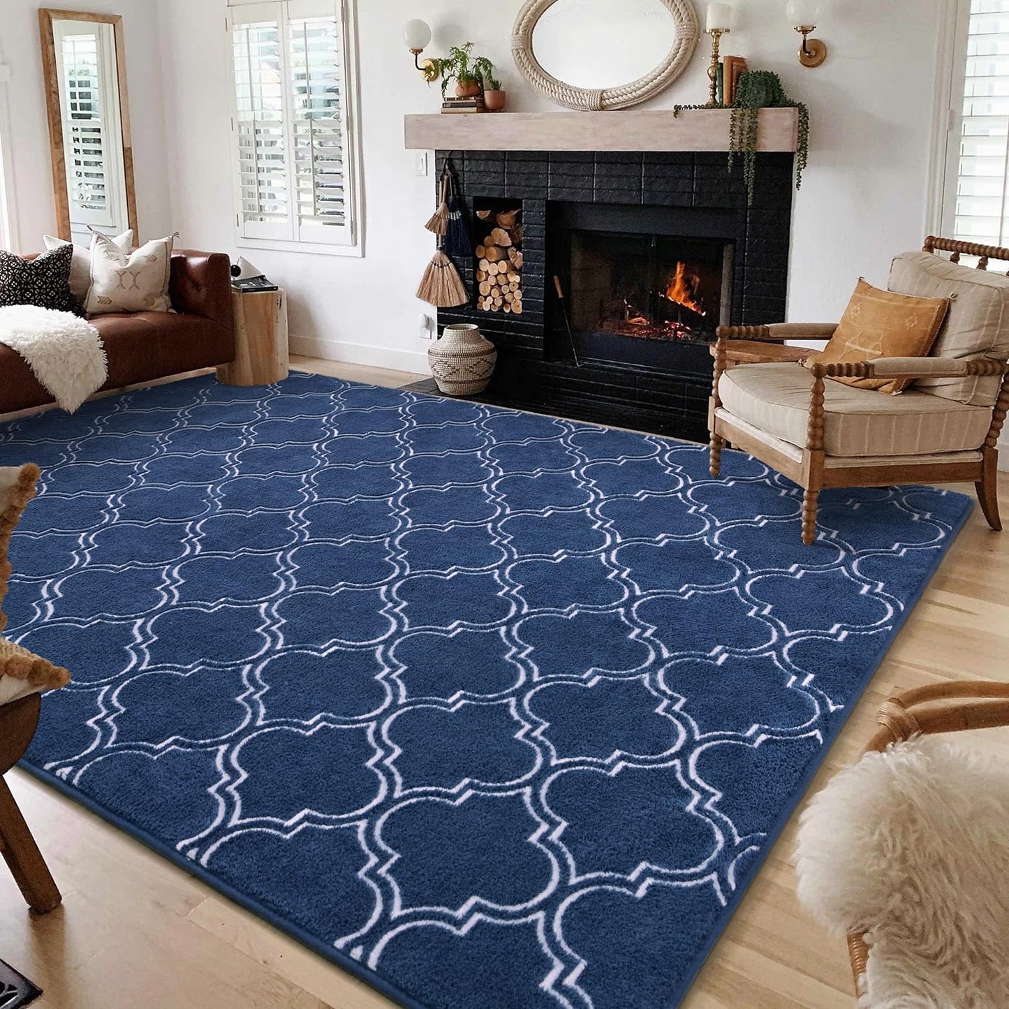 Shag Area Rug, 4' x 6' Soft Trellis Design for Bedroom and Living Room, Memory Foam Indoor Carpet, Gray/White
