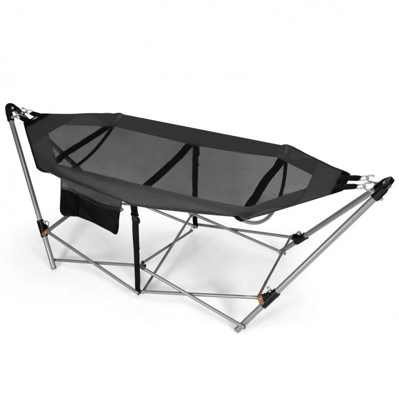 Folding Indoor-Outdoor Hammock with Side Pocket and Iron Stand
