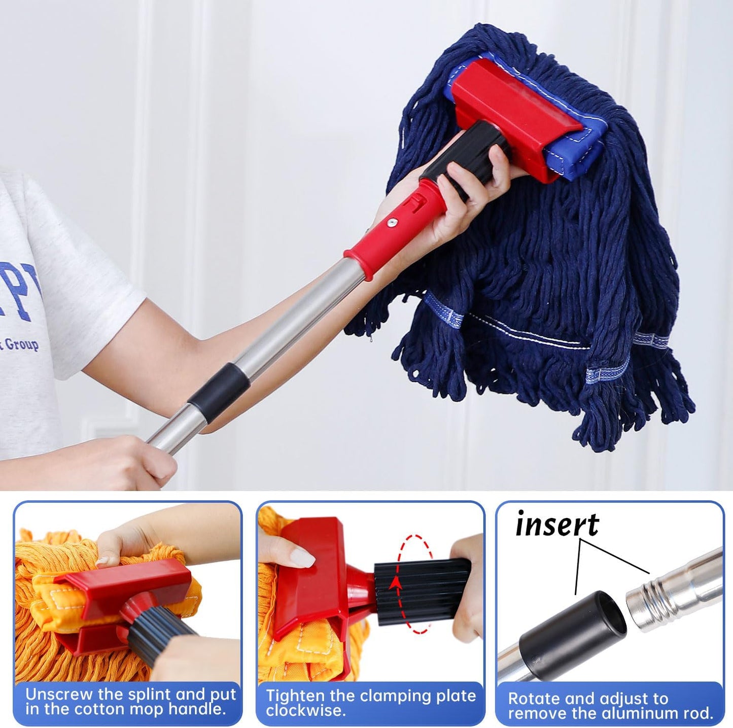 Heavy-Duty Industrial Mop with 77-Inch Long Handle and Loop-End String Design, Includes 2 Mop Heads (Blue)