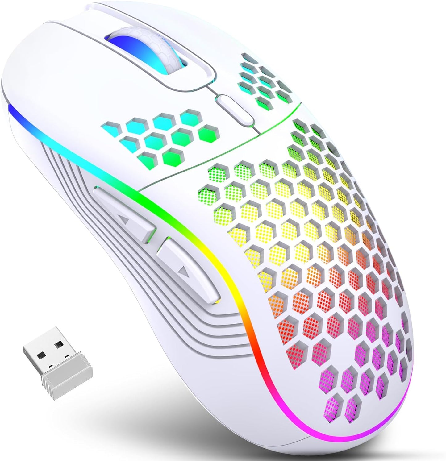 Wireless Gaming Mouse, Rechargeable Computer Mouse with RGB Backlight, USB Receiver, 6 Buttons, Adjustable DPI (White)