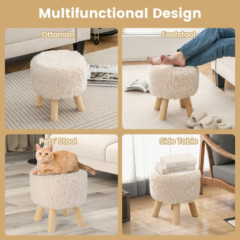 Round Faux Fur Ottoman Footstool with Padded Seat and Rubberwood Legs