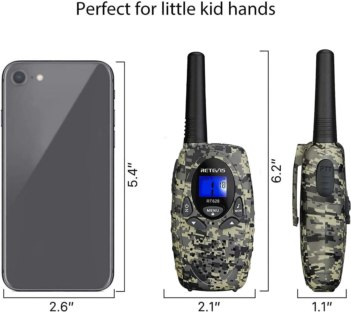 RT628 Walkie Talkies for Kids, Long Range 2-Way Radio- 22 Channels and Backlit LCD, Outdoor Adventures, Camping (Camo, 1 Pair)