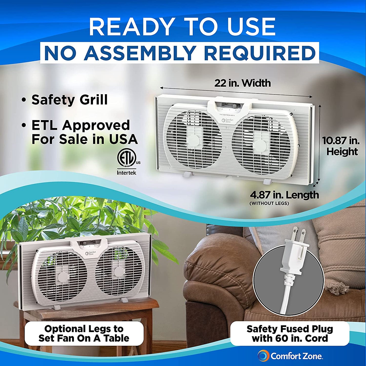 Twin Window Fan with Quiet Operation and Reversible Airflow Control, 9-Inch, 3-Speed Settings, Expandable, Dual Exhaust Fans, 9.84 Ft/Sec Airflow Rate