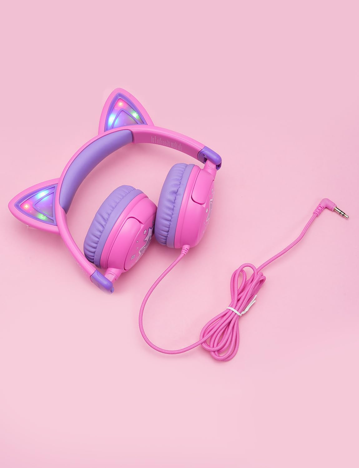 Children's Cat Ear Headphones with LED Lights, 85dBA Volume Limiting, Stereo Sound, Foldable Wired Design for Travel and School, Compatible with iPads and Tablets, Meow Lollipop - Hot Pink