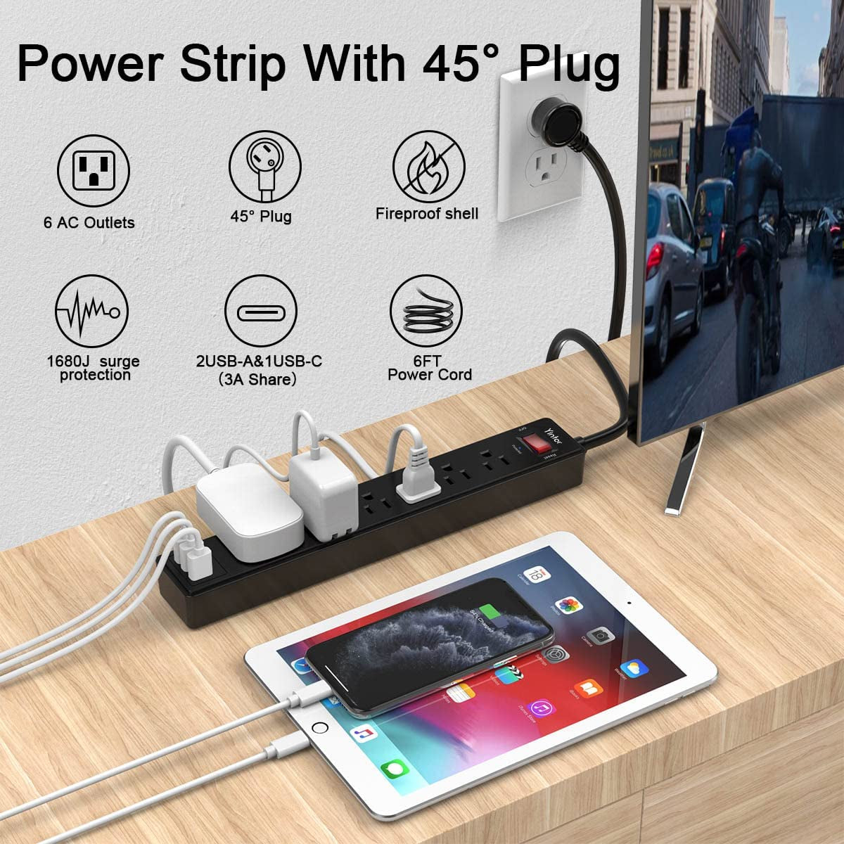 6-Foot Power Strip Surge Protector with 6 AC Outlets and 3 USB Ports (1 USB-C), 1680 Joules, ETL Listed, Black