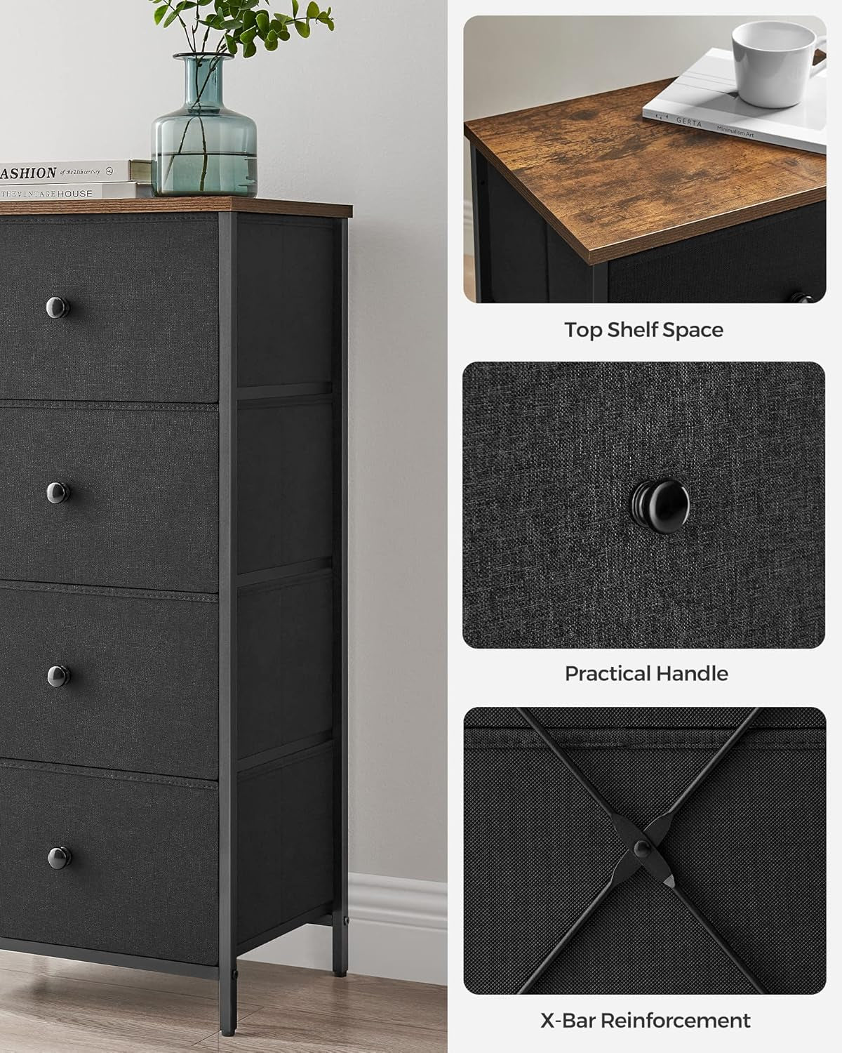 Fabric Dresser with 4 Drawers and Metal Frame - Compact Chest of Drawers in Ebony Black and Rustic Brown