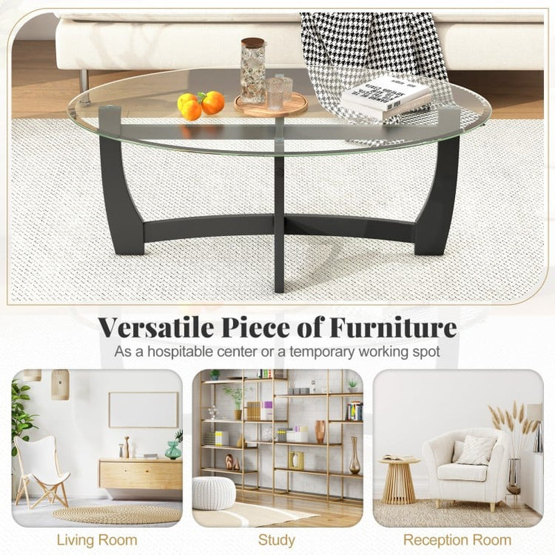 Oval Coffee Table Featuring Tempered Glass Top and Rubberwood Legs
