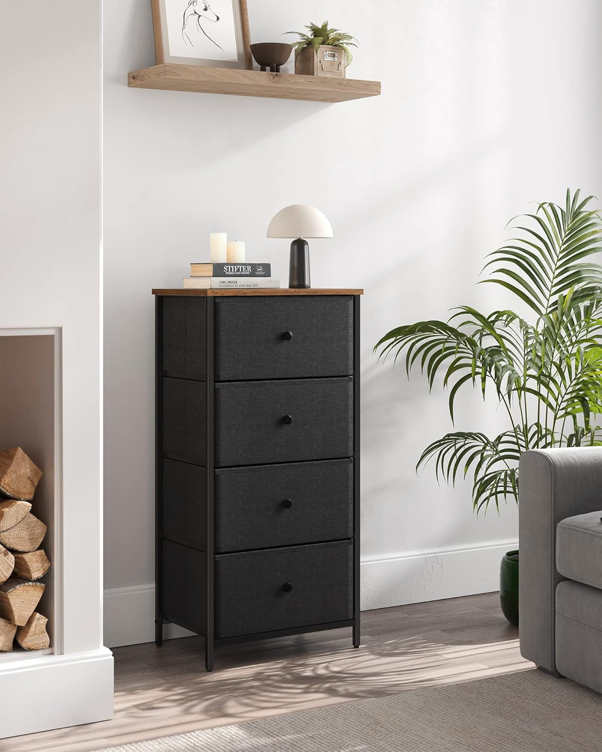 Fabric Dresser with 4 Drawers and Metal Frame - Compact Chest of Drawers in Ebony Black and Rustic Brown