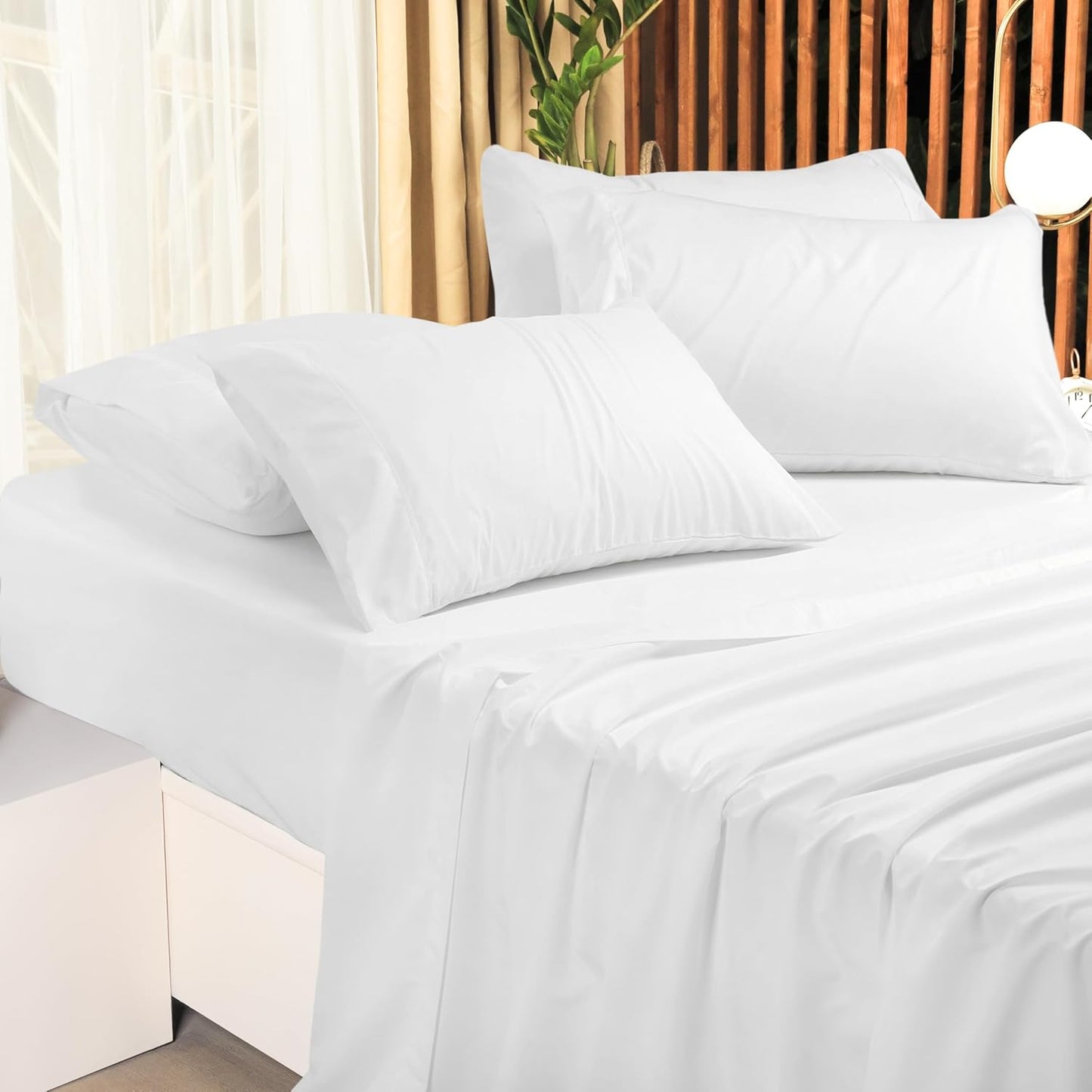 Queen Bed Sheet Set - 4-Piece Soft Brushed Microfiber Bedding - Shrinkage and Fade Resistant - Easy Care - White