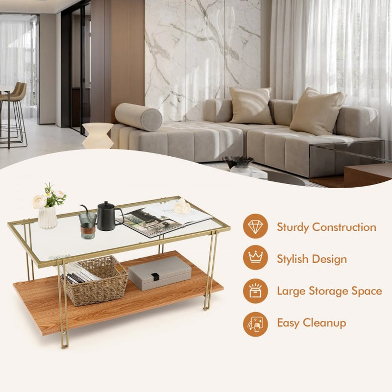 Two-Tier Rectangular Glass Coffee Table with White and Gold Steel Frame