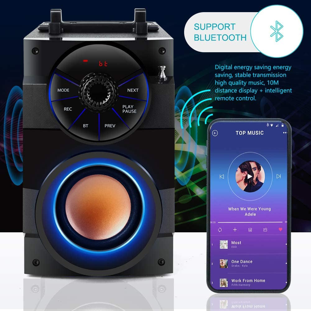 Portable 11W Bluetooth Speaker with Subwoofer, Dual Speakers, LED Lights, FM Radio, Remote Control, Enhanced Bass, and MP3 Playback