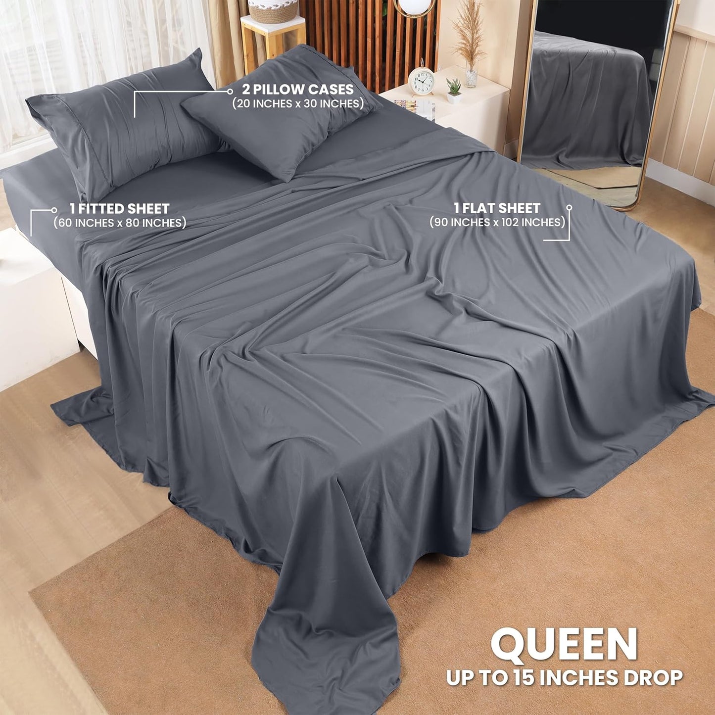 Queen Bed Sheet Set - 4-Piece Bedding Collection - Soft Brushed Microfiber - Shrinkage and Fade Resistant - Easy Care - Grey