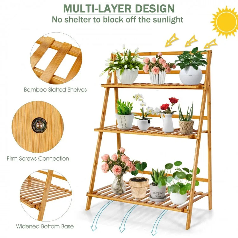 Foldable 3-Tier Bamboo Plant Stand Display Shelf for Balconies