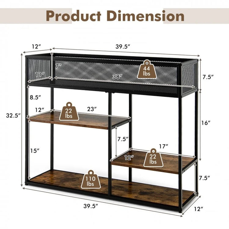 Industrial 4-Tier Console Table with Wire Basket and Shelf
