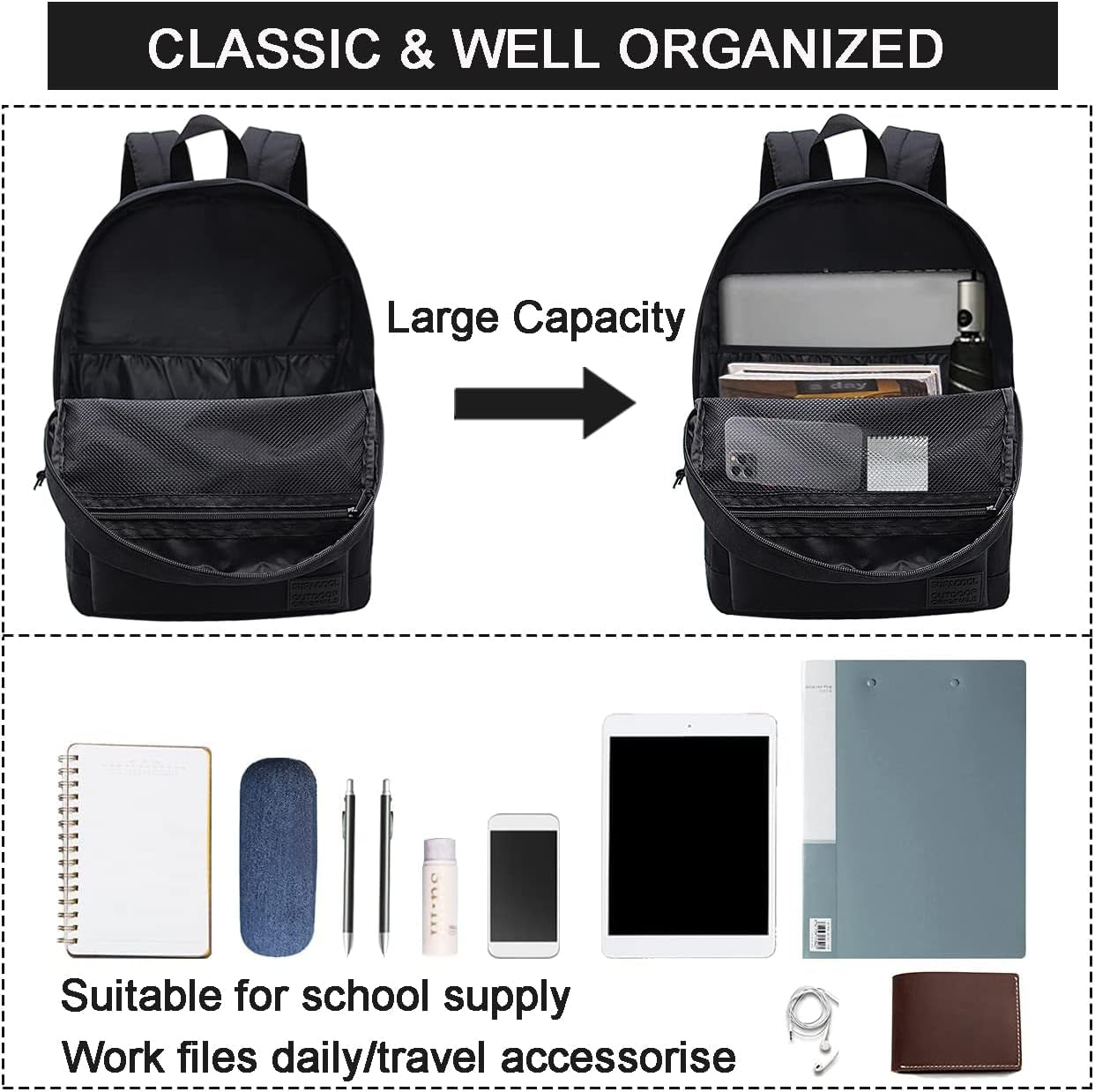 Lightweight Casual Laptop Backpack with USB Charging Port for Men and Women - Dark Black College Bookbag