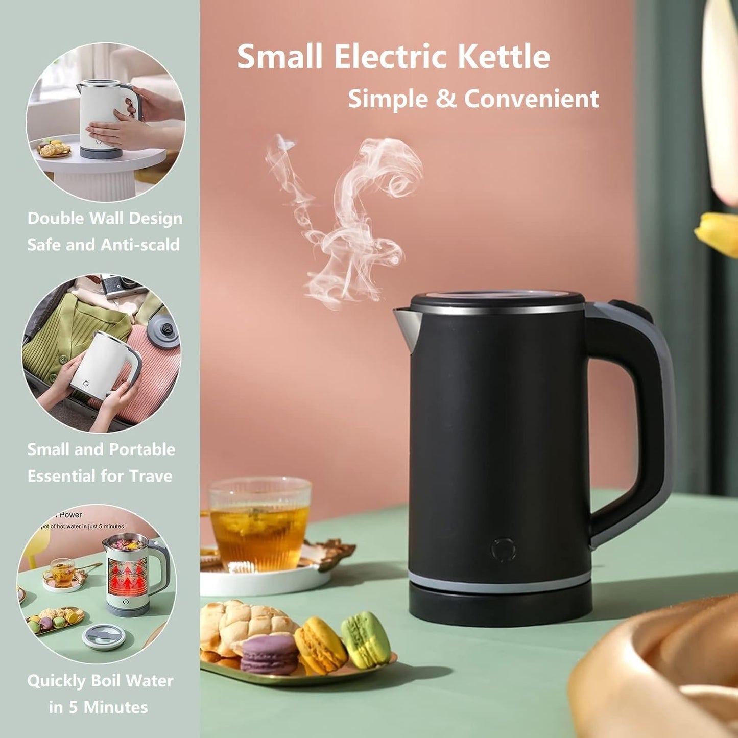 800ml Electric Kettle with Fast Boiling, Double Wall Design, Auto Shut-Off, Boil-Dry Protection, and BPA-Free Stainless Steel Cool Touch Finish (Black)