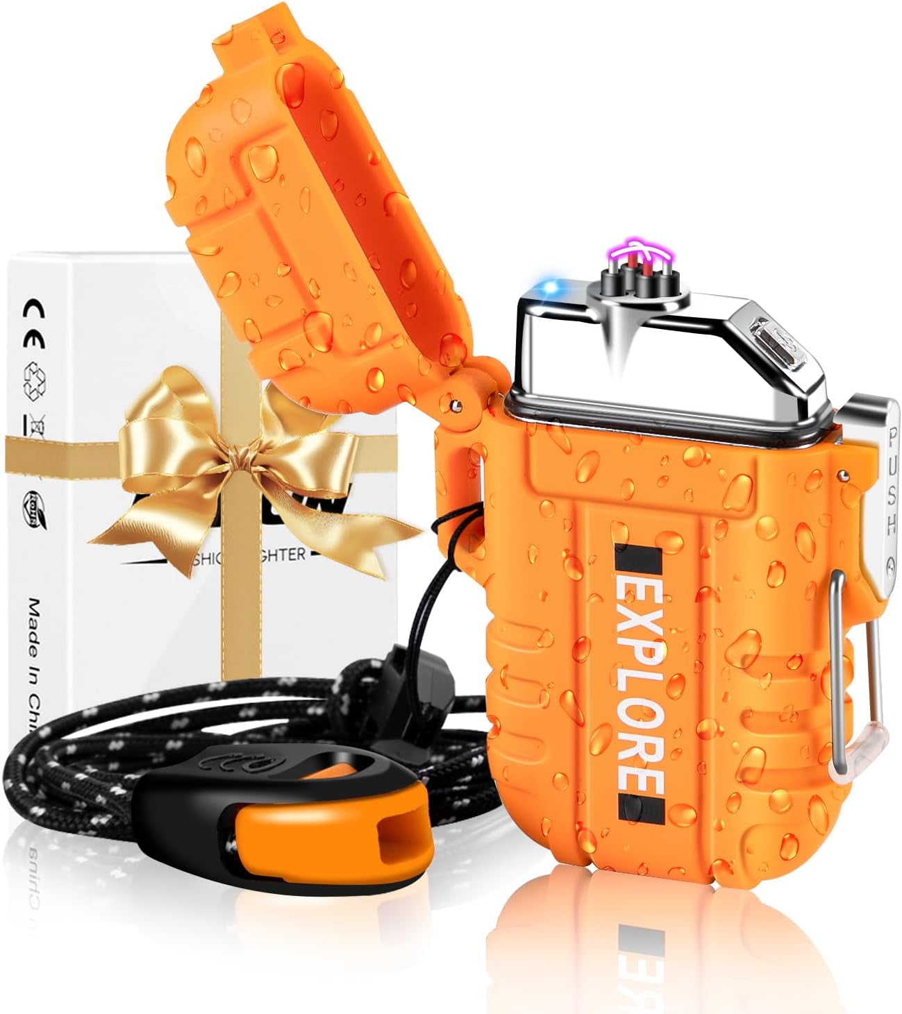 Plasma Arc Lighter with Emergency Whistle - Waterproof, Windproof, Rechargeable USB Electric Lighter for Hiking, Camping, and Tactical Adventures (Orange)