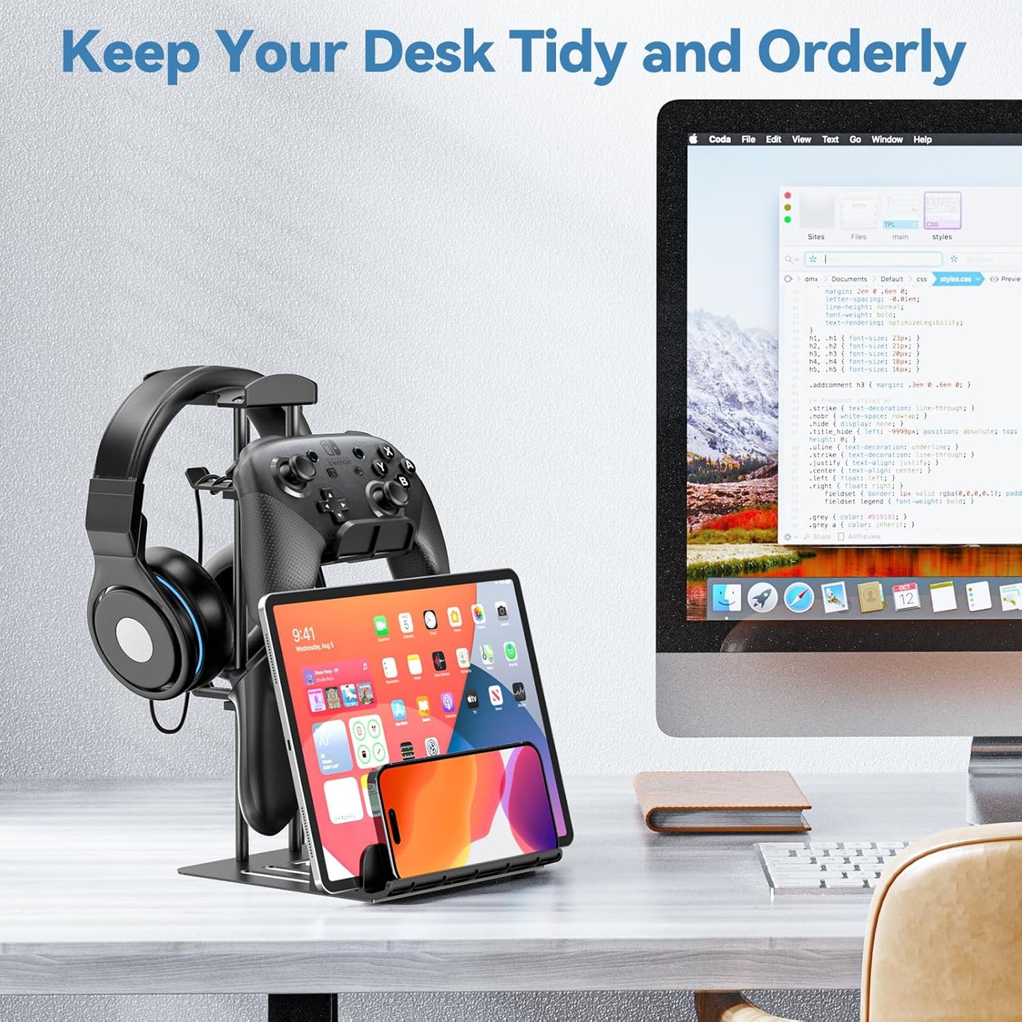 Premium Headphone and Game Controller Stand with Aluminum Support Bar - Universal Organizer for Headphones, Controllers, Switch, iPad, and Mobile Phones