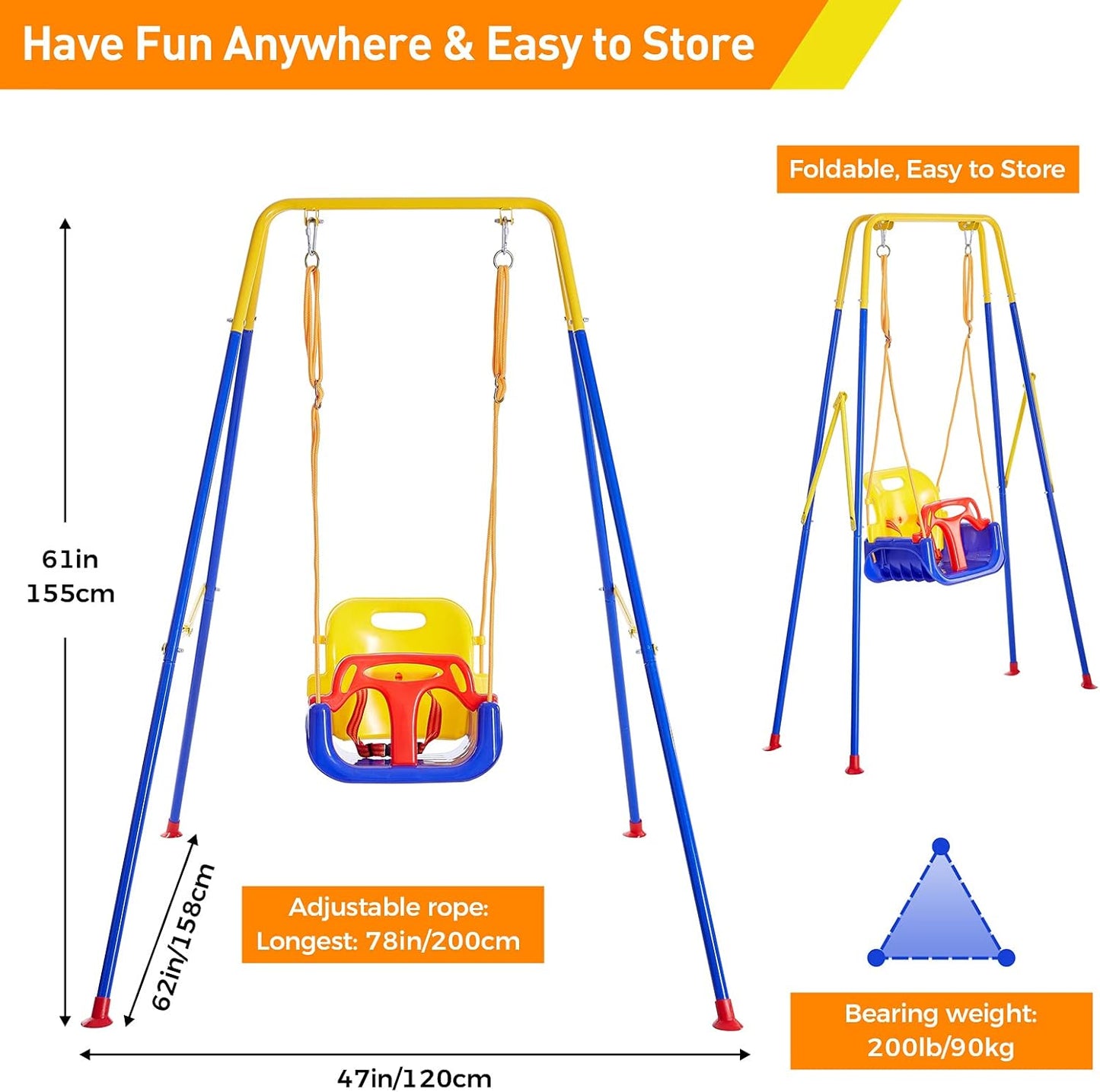 3-in-1 Toddler Swing Set - Safety Harness Sandbags - Heavy-Duty Indoor/Outdoor Play Equipment - Folding Metal Stand