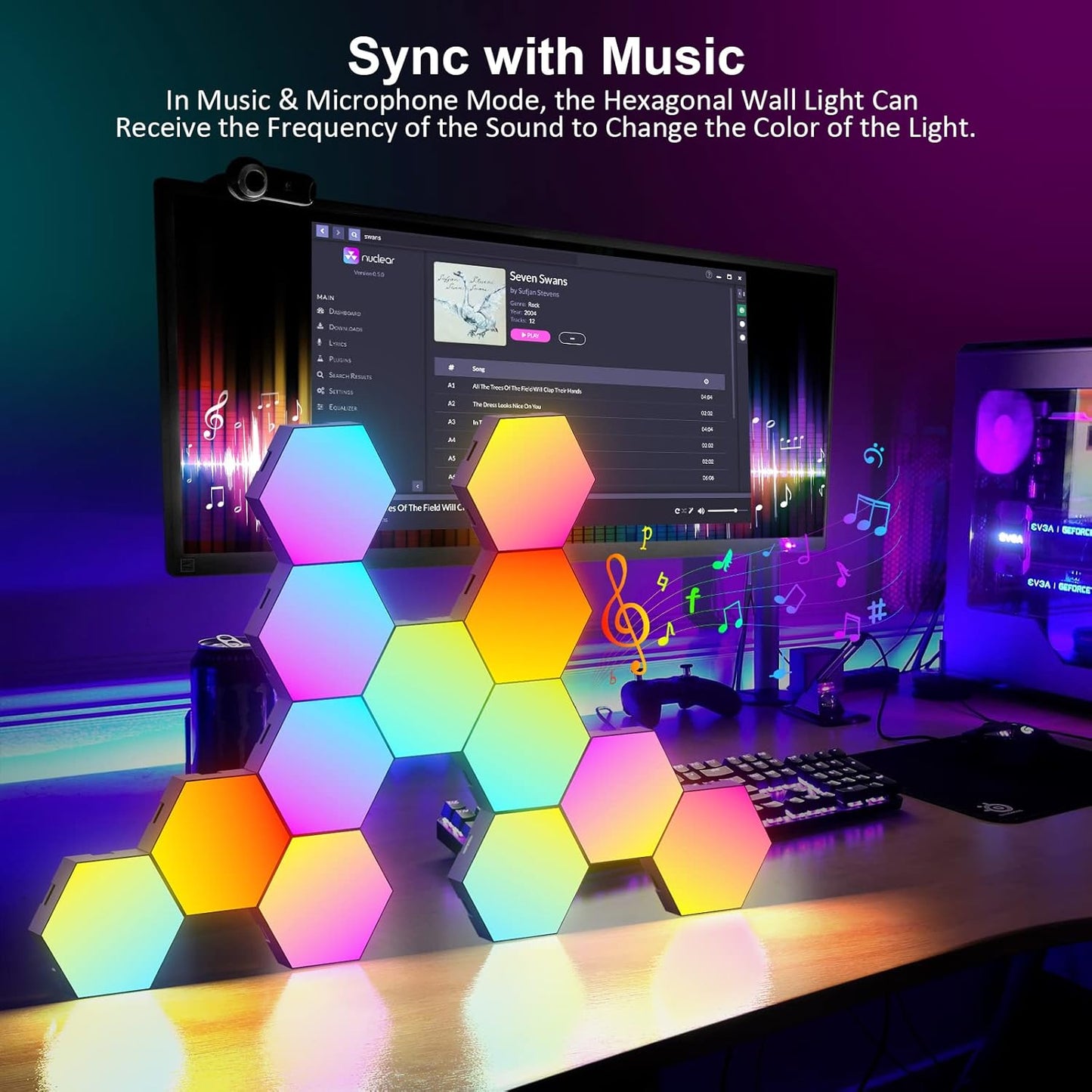 Hexagon LED Wall Light Panels: 12-Piece Smart Touch Sync Music Hex Lights for Gaming and Bedroom Decor