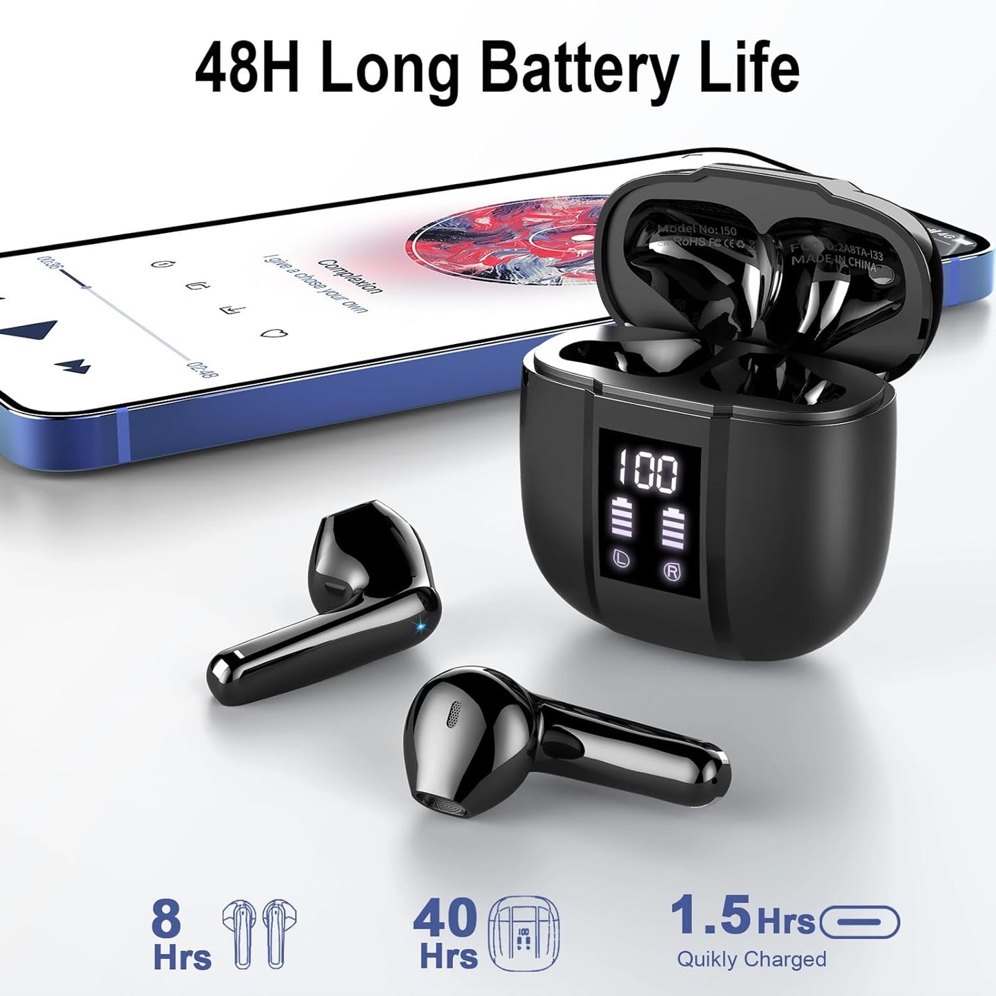 Bluetooth 5.3 Wireless Earbuds with 4 ENC Noise Cancelling Microphones, 48H Hi-Fi Stereo Sound, Dual LED Display, IP7 Waterproof