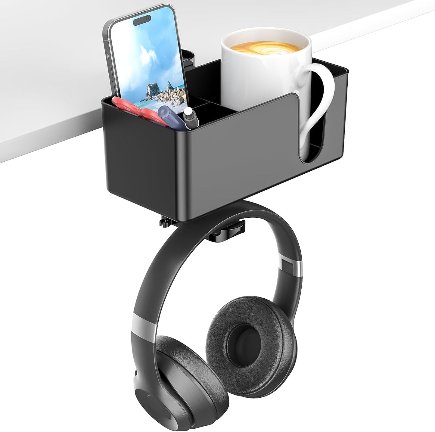 4-in-1 Desk Organizer with Under-Desk Headphone Hook, Dual Wire Holes, Rotating Headphone Hanger, Detachable Storage (Black)