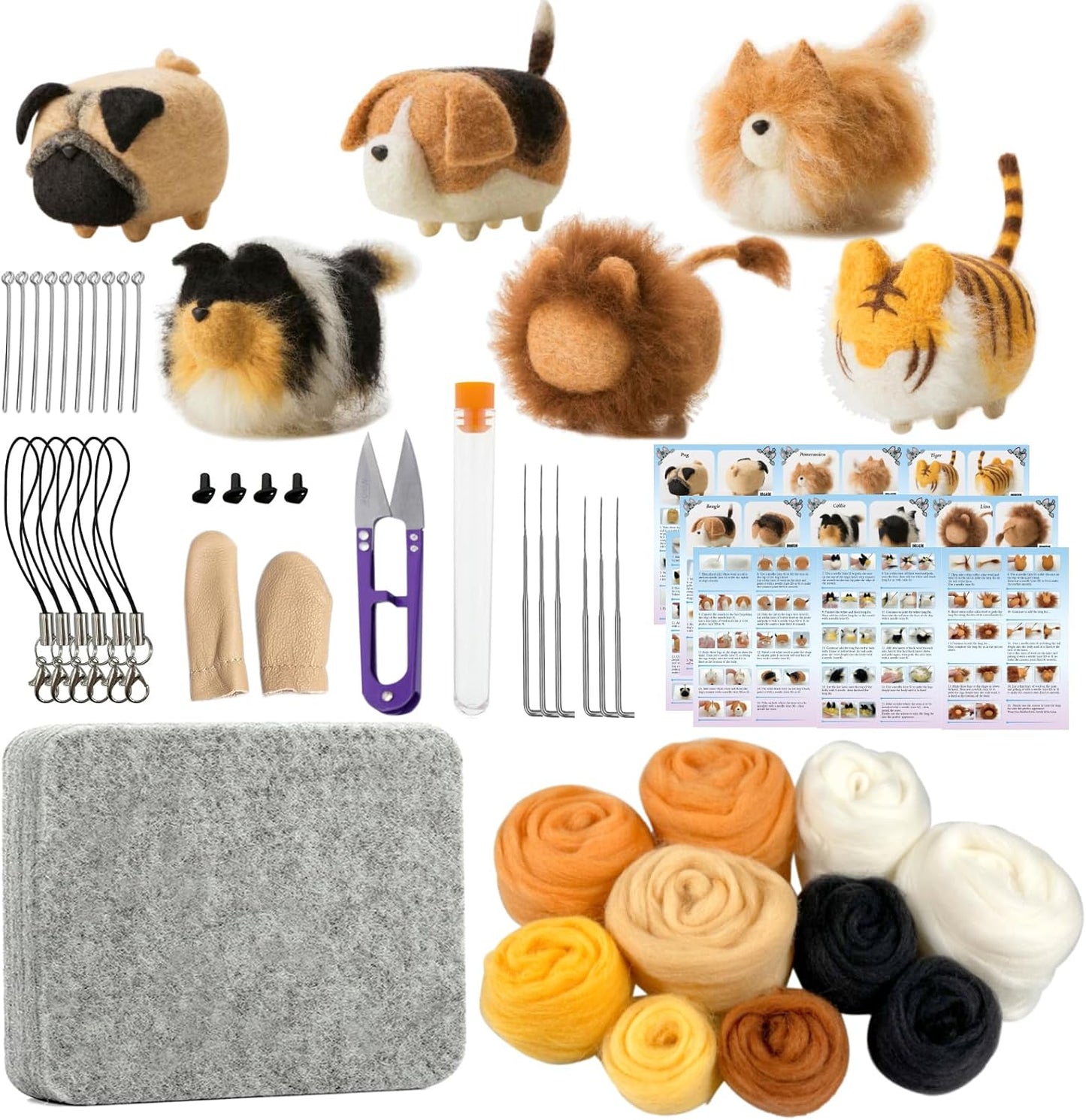 Professional Needle Felting Kit for Adults - Complete DIY Craft Set with Felting Supplies, Needles, Wool, and Tools for Beginners - Create 6 Faceless Animal Designs