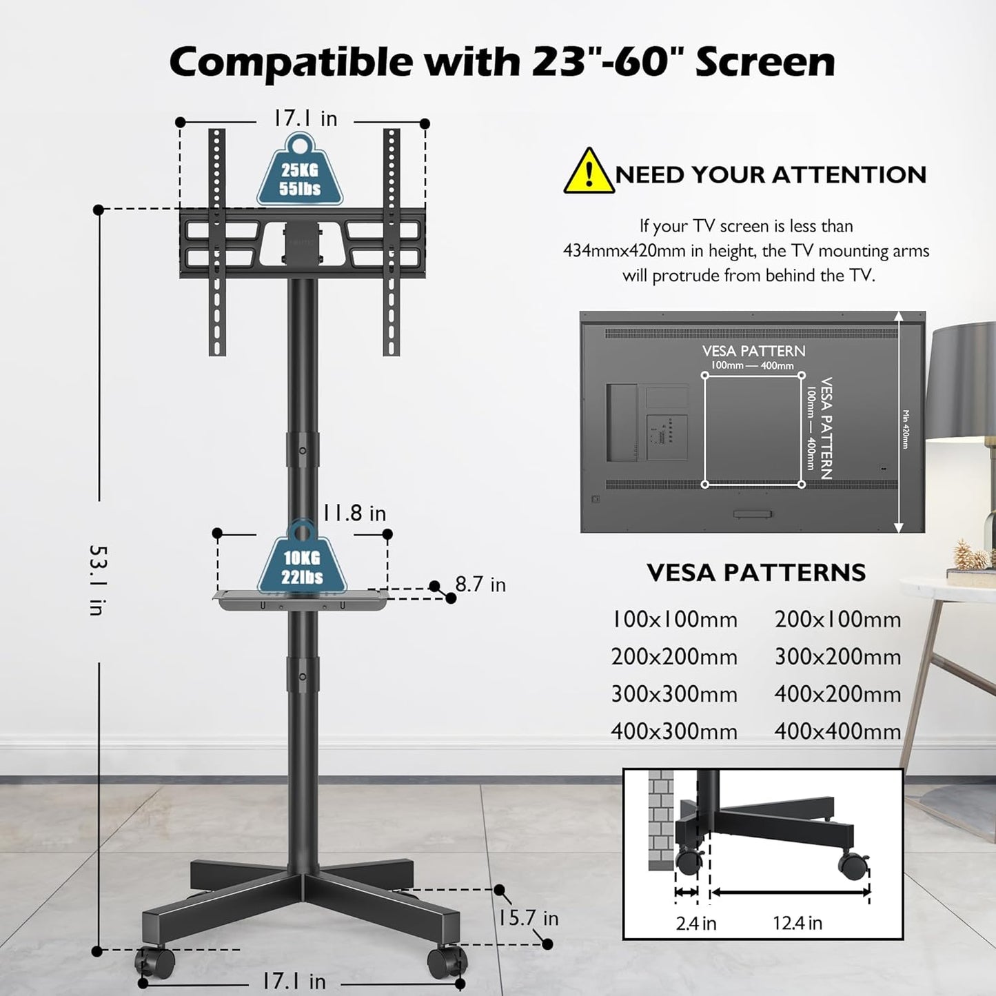 Mobile TV Stand with Adjustable Tilt, Rolling Cart and Media Shelf for 23-60” Flat & Curved TVs, 55 lbs, Max VESA 400x400 mm