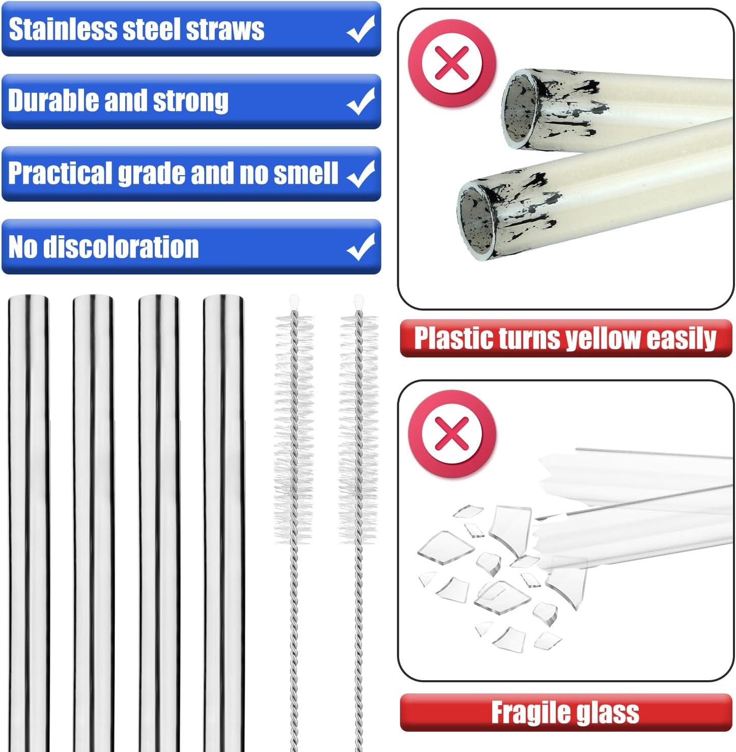 4-Pack Stainless Steel Straw Set - Water Bottles, Includes 2 Cleaning Brushes, Compatible- 24 oz, 32 oz Models