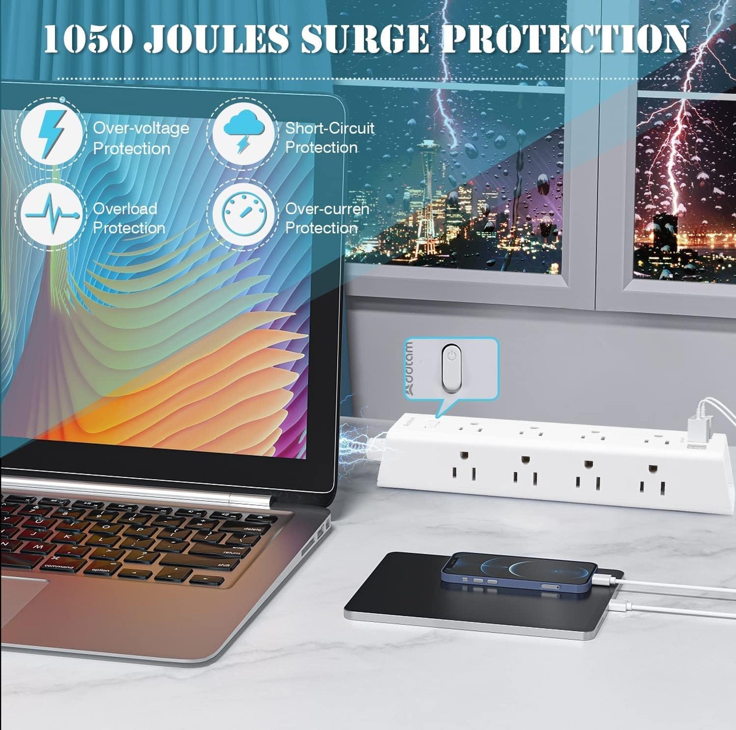 Surge Protector Power Bar - 10 FT Extension Cord, Power Strip - 12 Widely AC Outlet 3 USB, Flat Plug, Wall Mount Overload Protection, 1050J
