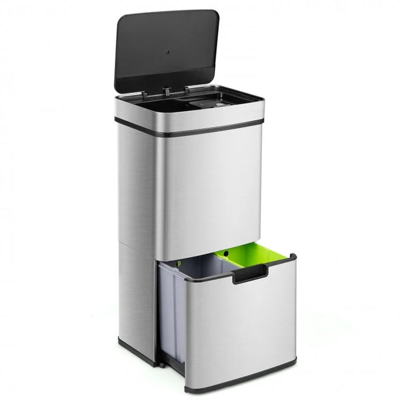 19-Gallon Stainless Steel Trash Can with Integrated Kitchen Waste Bin and Dual Bottom Recycling Compartments
