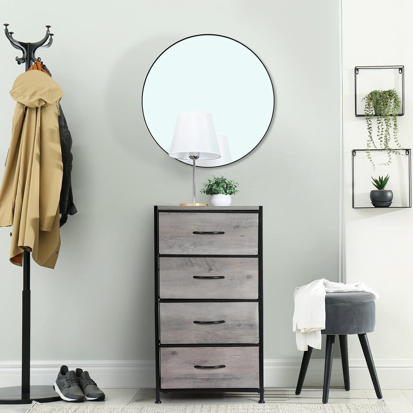 Light Grey Fabric Dresser with 4 Drawers, Sturdy Steel Frame and Wood Top