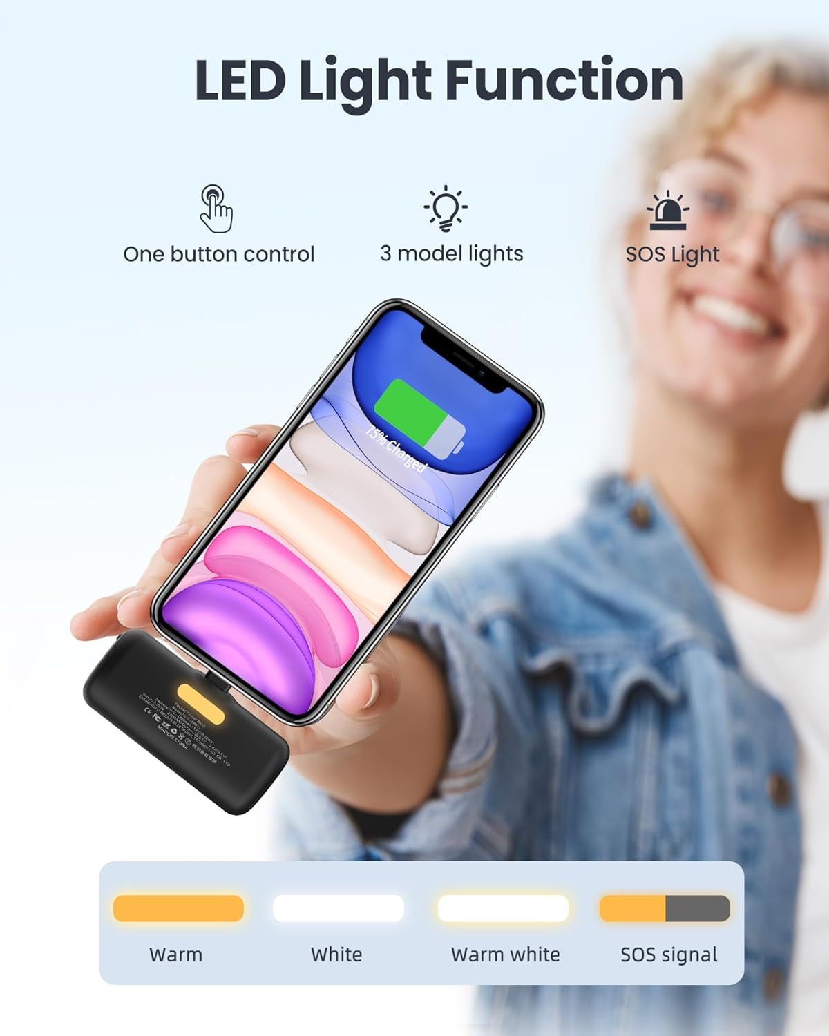 5000mAh Portable Power Bank for iPhone with Built-In Cable, MFi Certified Compact Charger featuring LCD Display & LED Light (Black)