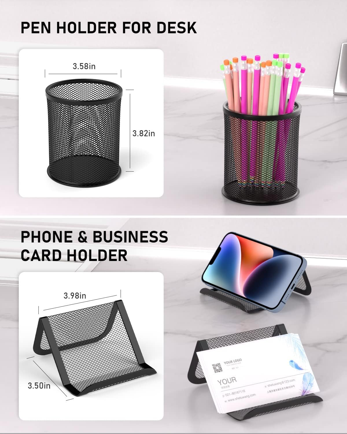 Black Mesh Desktop Organizer Set with Drawers, Pen and Phone Holders, 72 Paper Clips, and Office Supply Caddy for Home and Office Use