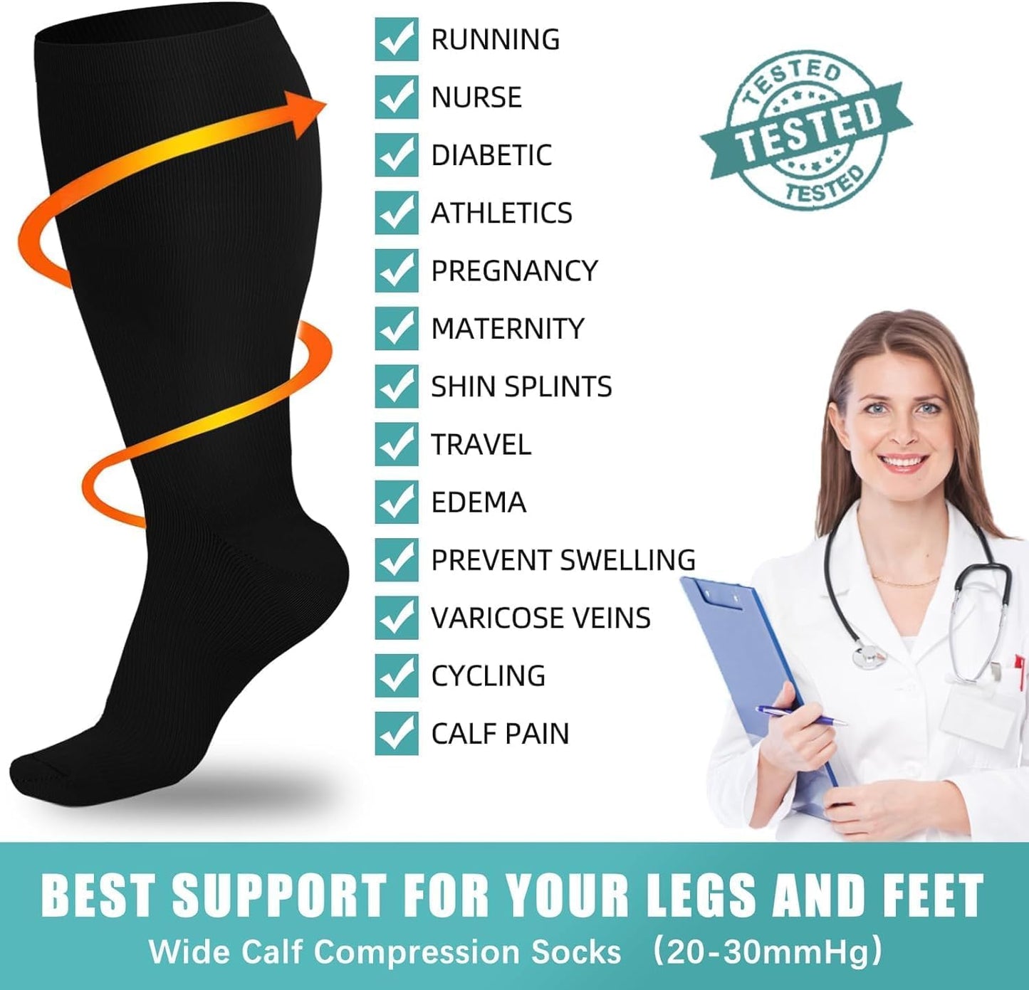 Plus Size Compression Socks (20-30 mmHg) for Men and Women, Extra Large Knee High Stockings for Wide Calves - 3 Pairs