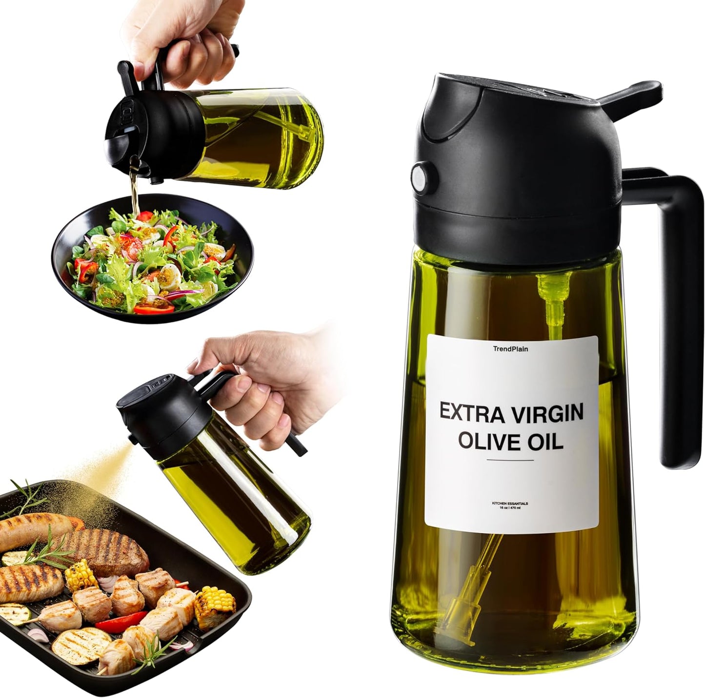 16 oz Olive Oil Dispenser and Sprayer - Dual Function Kitchen Bottle with Labels - Black Olive Oil Sprayer for Cooking (Light Blockage)