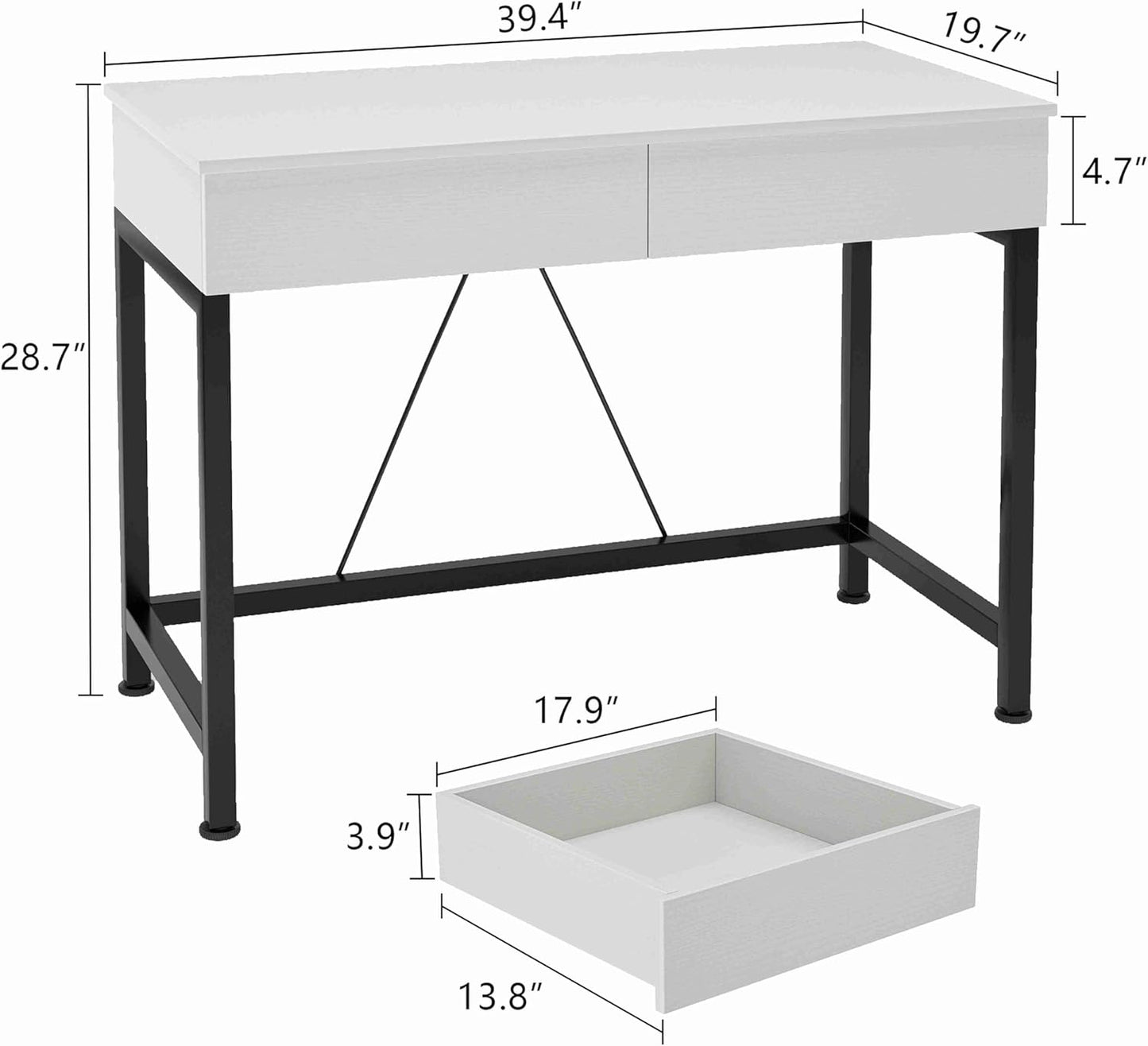 Wood and Metal Computer Desk with Drawers - Versatile Vanity and Makeup Table for Home Office and Small Spaces, 39.4" in White