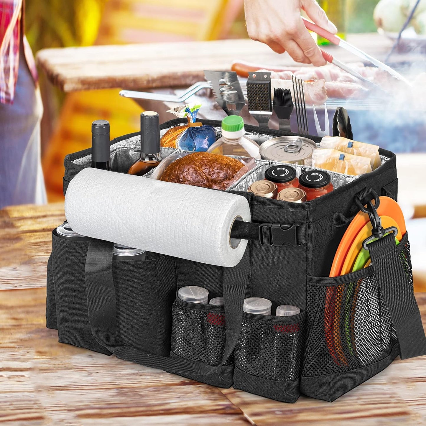 Large Grill Utensil Caddy with Paper Towel Holder - Collapsible Picnic Bag Organizer for BBQ Supplies, Black (Bag Only)