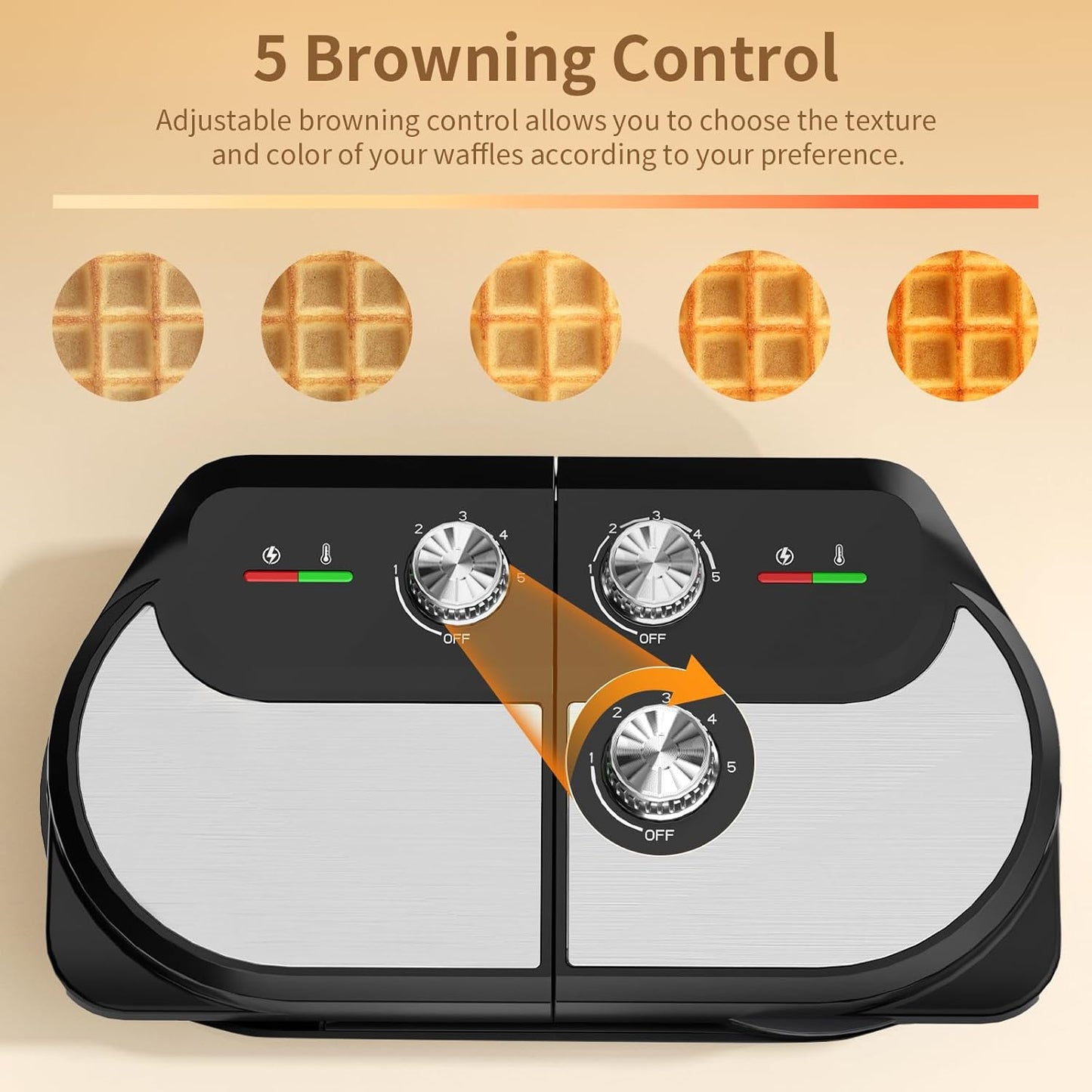6-Inch Double Waffle Maker, 1400W Belgian Waffle Iron with Nonstick Plates, Adjustable Temperature Control, Cool-Touch Handles