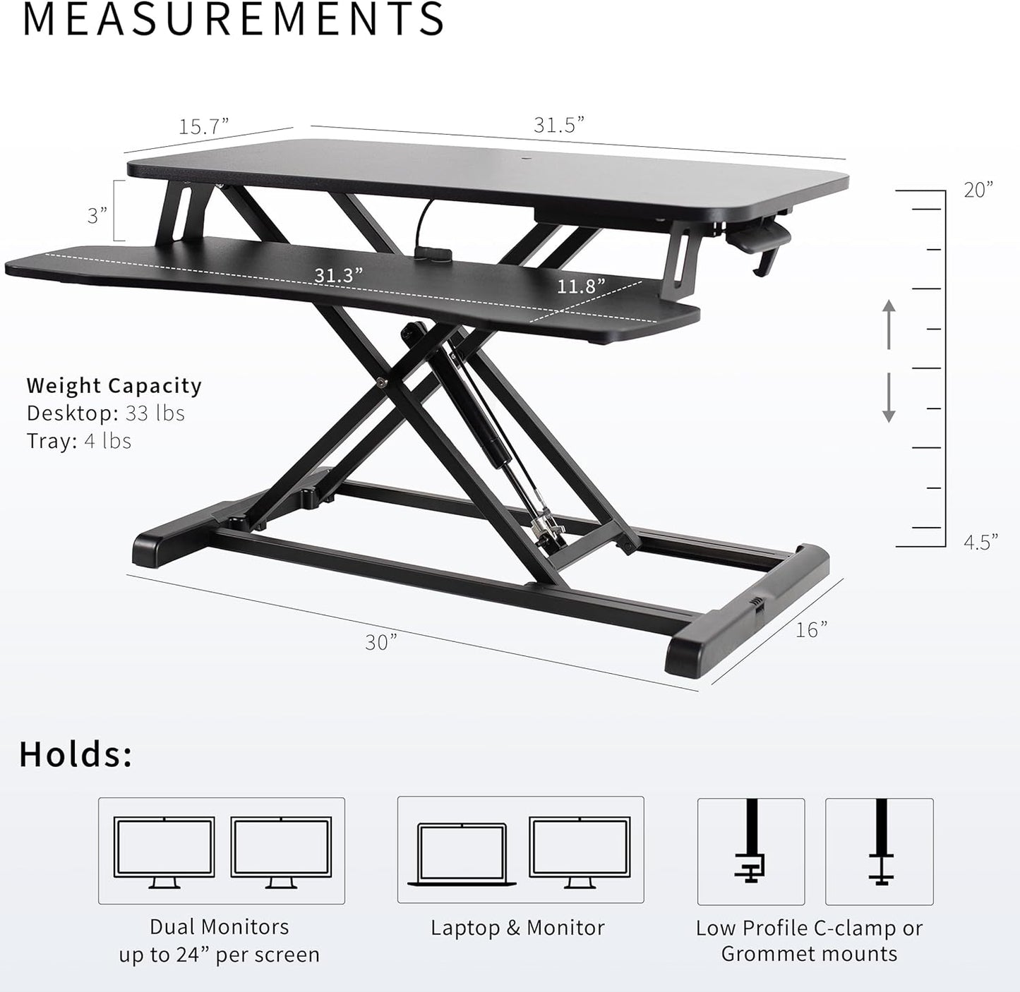 81Cm Height Adjustable Desk Converter - Sit to Stand Riser for Dual Monitors and Laptops with Wide Keyboard Tray, Black