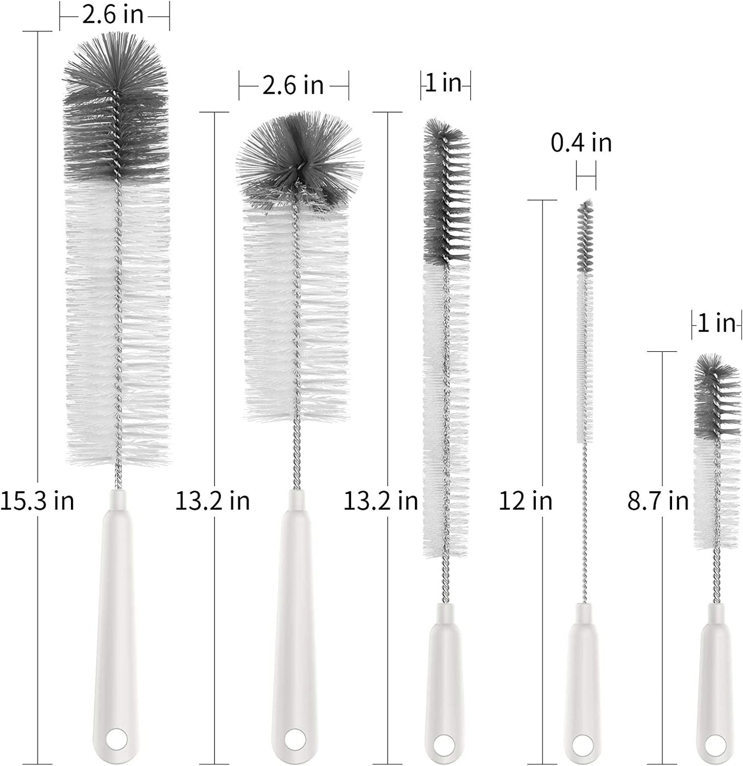 5 Pack Bottle Brush Cleaning Set - Storage Holder, Cleaning Brushes - Long Narrow Neck Bottles, Water, Baby Bottles, Tumblers, Drinking Glasses, Strews