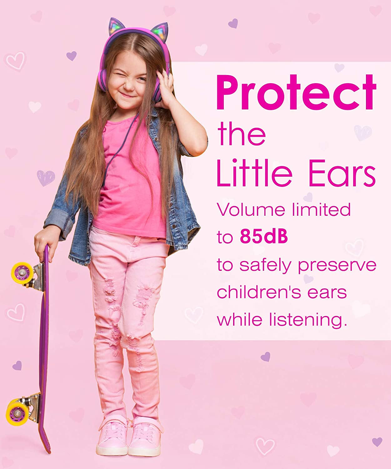 Children's Wired Headphones with LED Cat Ears and Safe Volume Limit (85 dB) - Tangle-Free 3.5mm On-Ear Design for School and Travel - Hot Pink/Purple