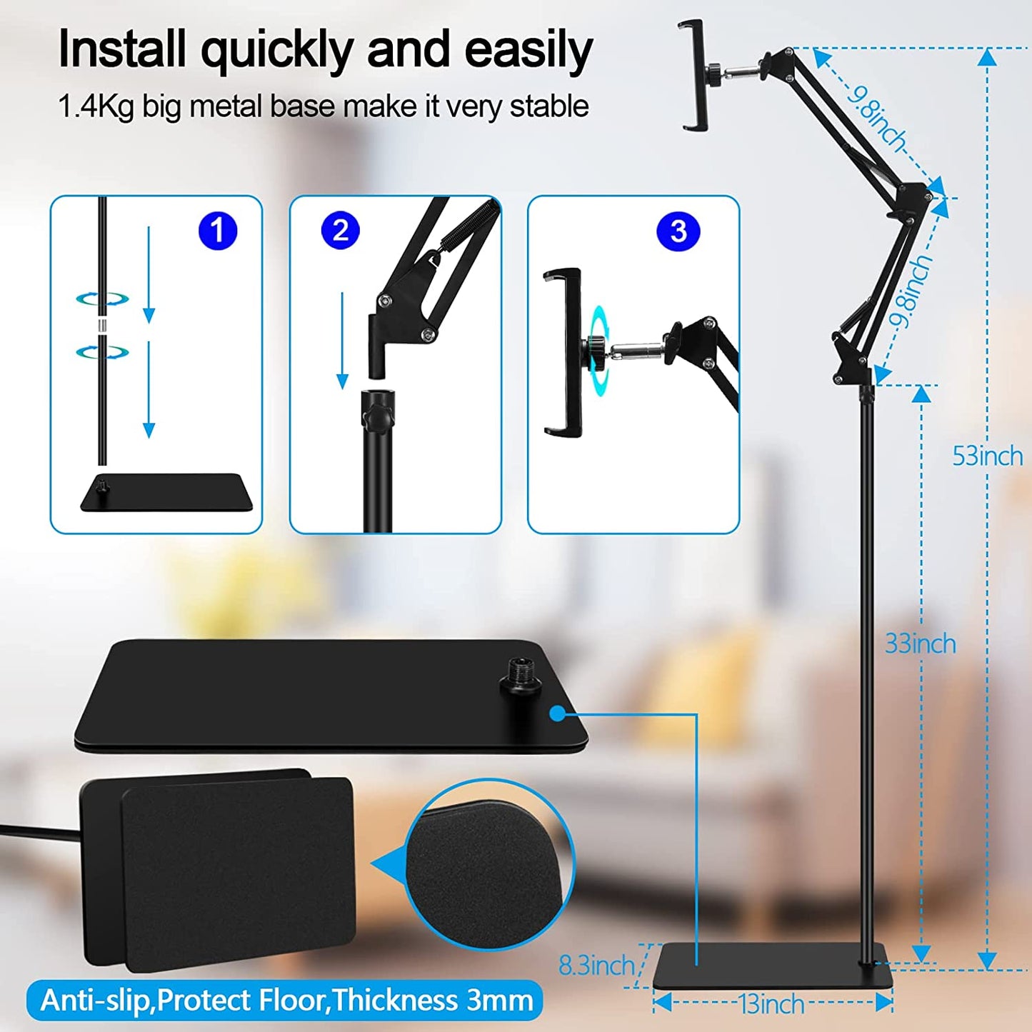 Adjustable Universal 360-Degree Rotatable Metal Tablet Holder, Tablet Floor Stand, Phone Stand for Ipad/Iphonex/Ipad Pro or Other 4.7~12.9 Inch-Screen Devices (Black)
