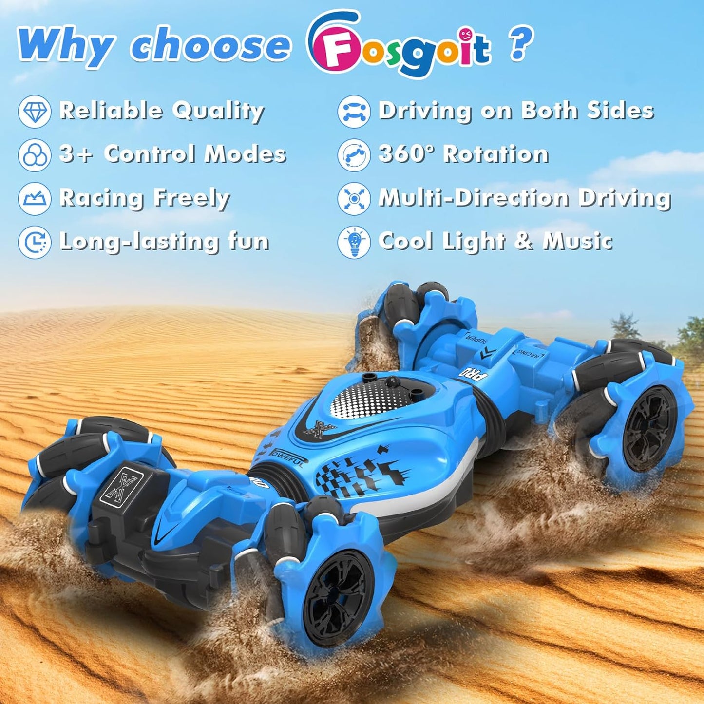 360° Rotate All-Round Drift Gesture Sensing RC Stunt Car 4WD Off-Road 2.4Ghz with Lights Music Ages 6+