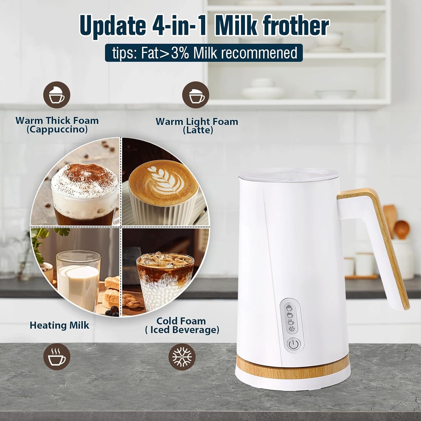 4-in-1 Electric Milk Frother and Steamer - Versatile Warm and Cold Foam Maker for Lattes, Cappuccinos, and Coffee (White)