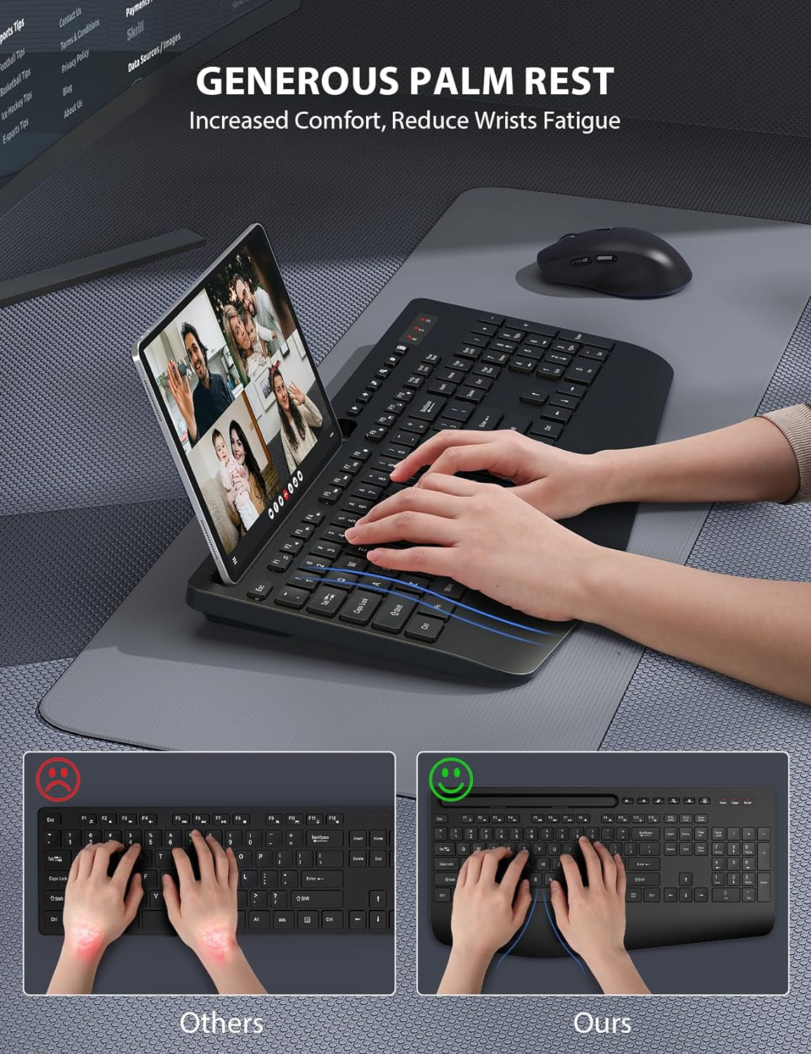 Wireless Ergonomic Keyboard and Mouse Combo - Full-Sized Design with Wrist Rest, Phone Holder, Sleep Mode, and Silent 2.4GHz Connectivity (Black)
