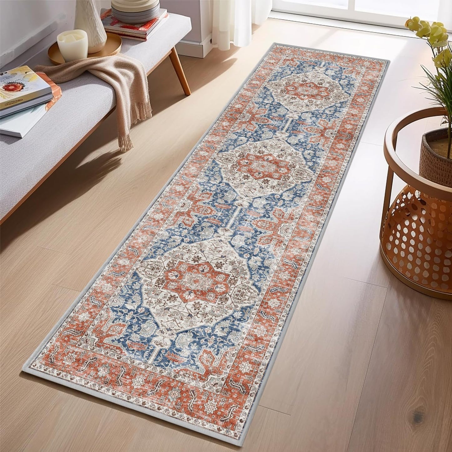 Boho Non-Slip Washable Runner Rug for Hallway and Kitchen, 2x5 Ft Light Grey Area Mat for Bedroom, Bath, Laundry, and Entryway