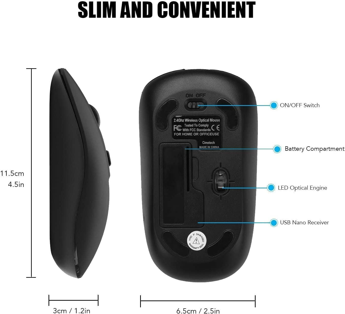Wireless Ergonomic Optical Mouse with 2.4G Nano Receiver - Low Noise Design for Laptop, Desktop, and MacBook (Black)